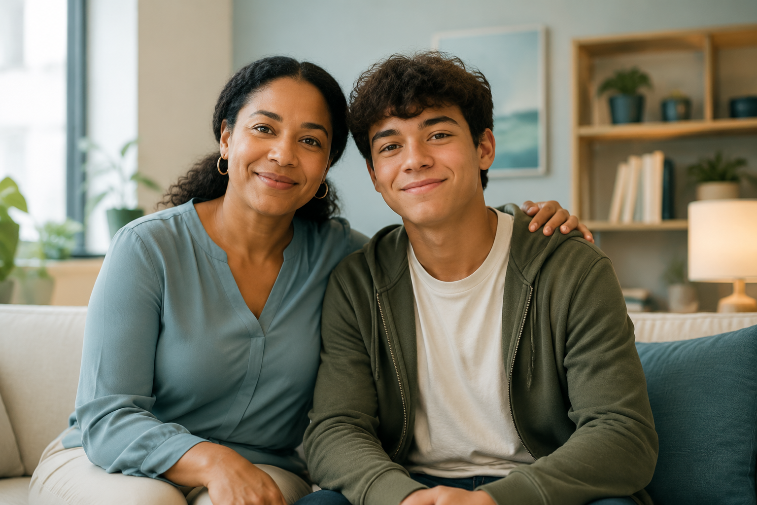 A smiling caregiver and teenager sitting together in a warm, welcoming space.
