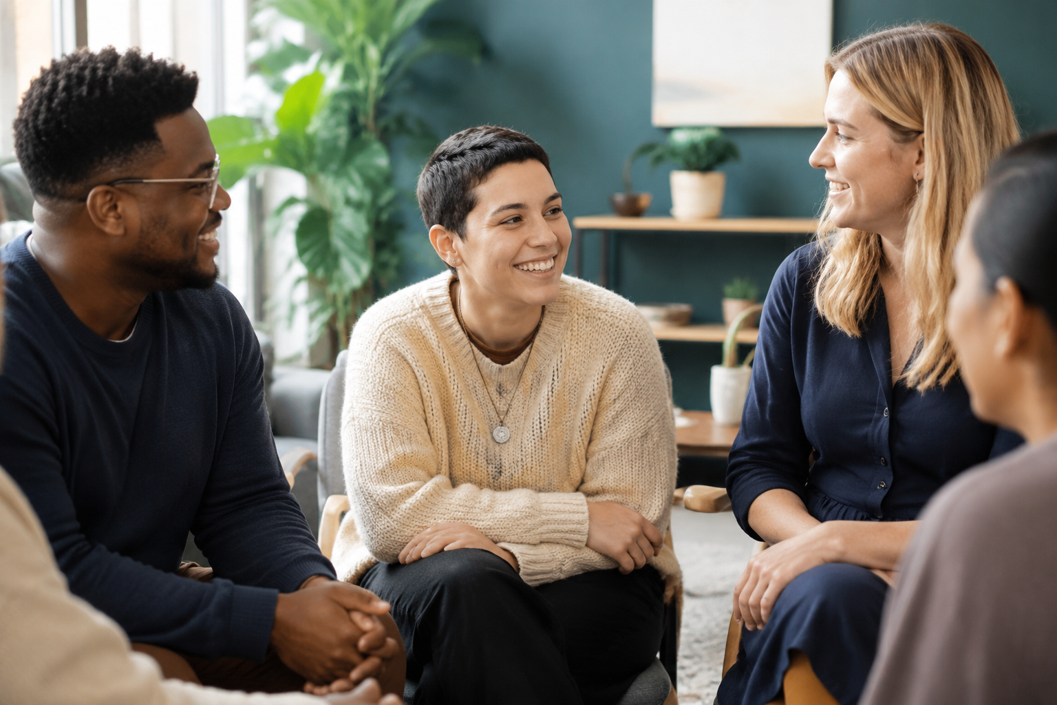 A diverse group of adults smiling during a supportive conversation.